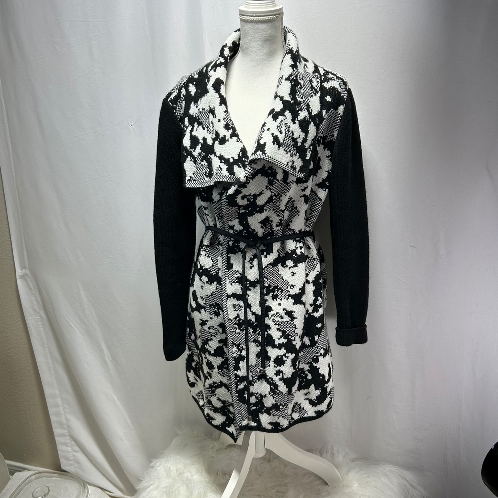 Madison Hill New York Black‎ White Abstract Print Drape Cardigan Belted Size XL